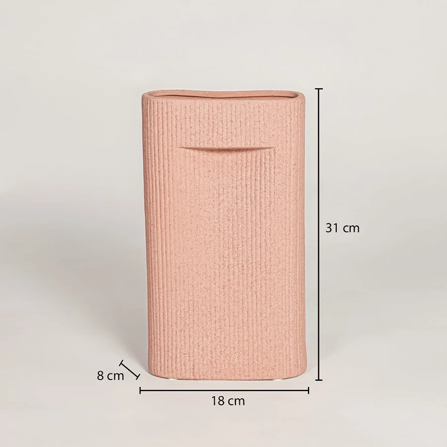 Peach ceramic textured rectangular vase measuring 31 cm height 18 cm width and 8 cm depth ideal for console decor display.
