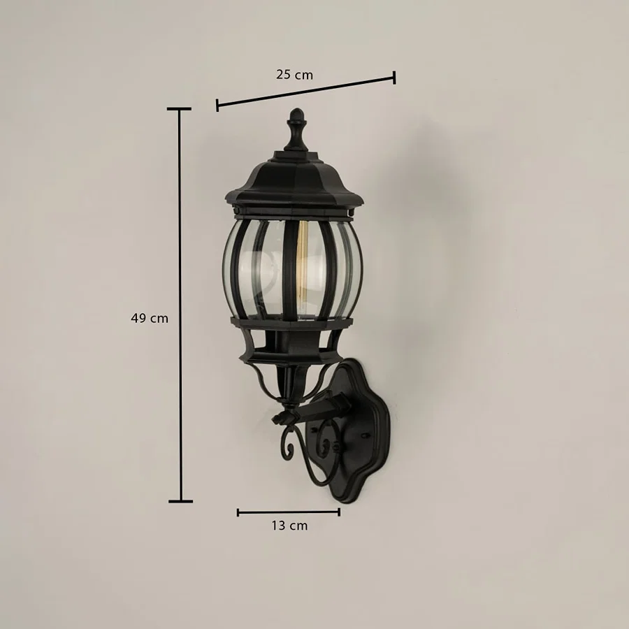 Dimension image of black outdoor lantern showing height 49 cm width 25 cm and projection 13 cm from the wall surface area.