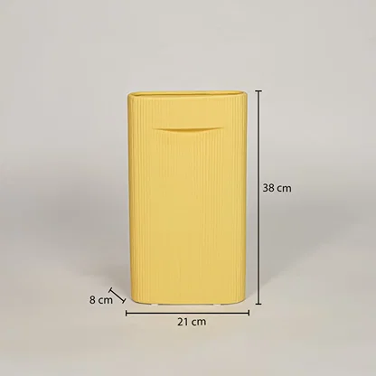 Mustard ceramic vase measuring 35 cm height and 21 cm width for modern tabletop decor placement styling.