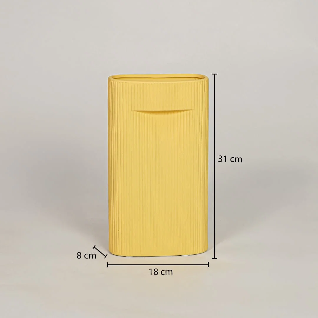Mustard ceramic vase measuring 31 cm height and 18 cm width for modern tabletop decor placement styling.