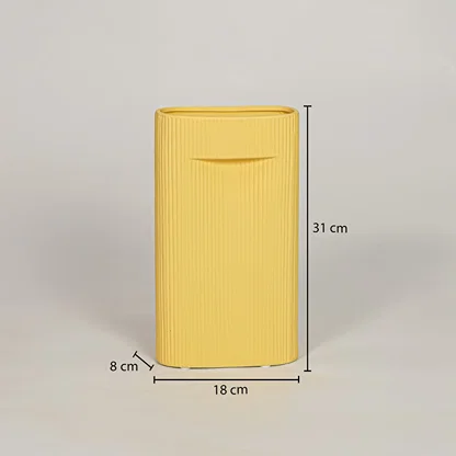 Mustard ceramic vase measuring 31 cm height and 18 cm width for modern tabletop decor placement styling.