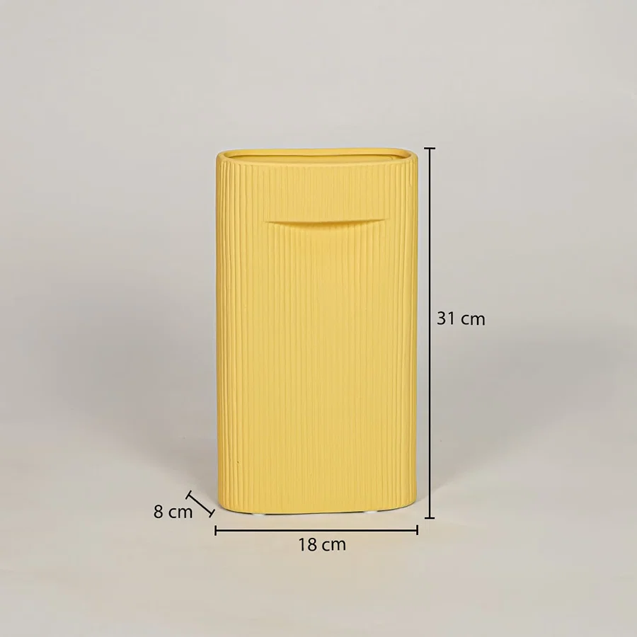 Mustard ceramic vase measuring 31 cm height and 18 cm width for modern tabletop decor placement styling.