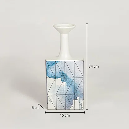 White and blue ceramic decorative vase dimension image with 34 cm height and 15 cm width for table decor.