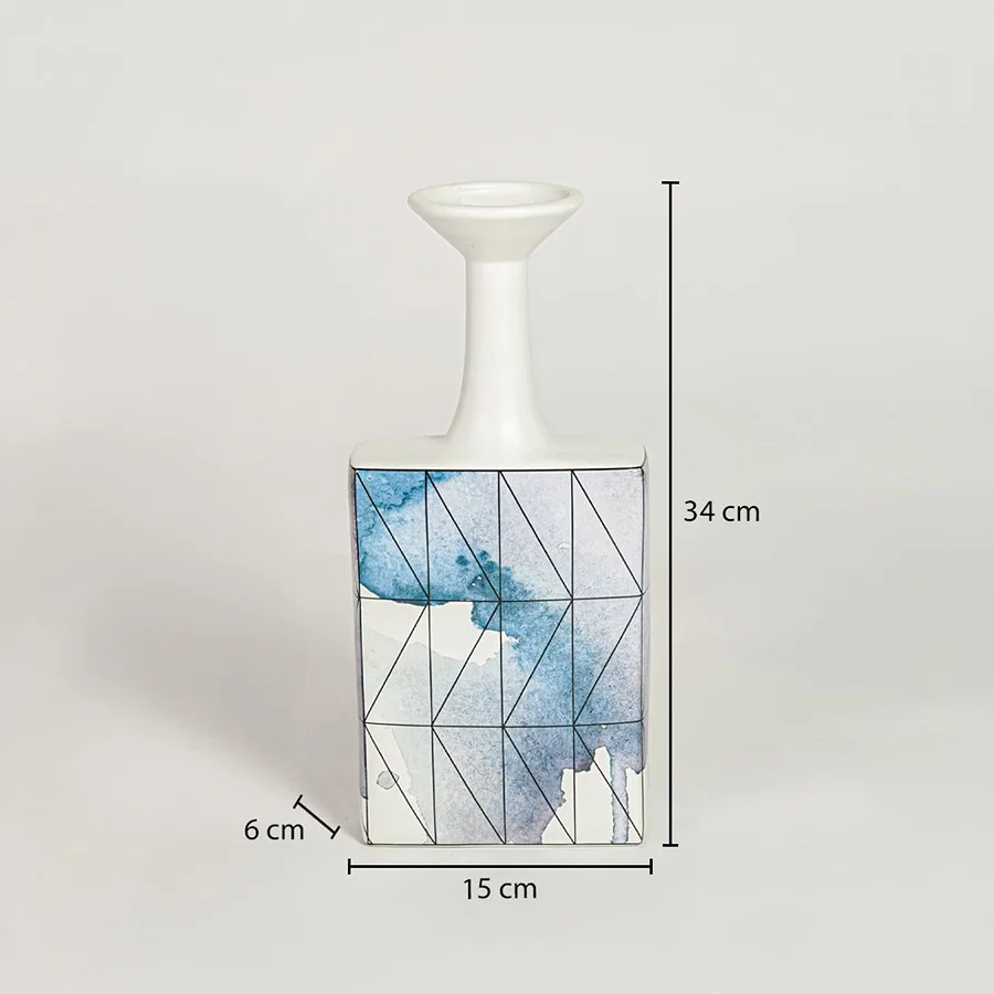 White and blue ceramic decorative vase dimension image with 34 cm height and 15 cm width for table decor.
