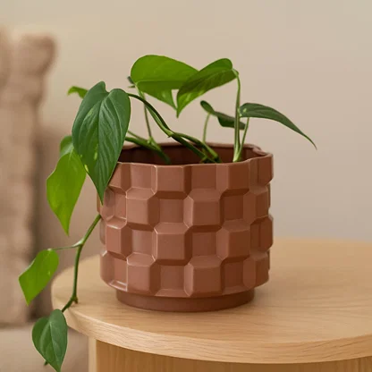 Brown geometric ceramic planter styled in a modern interior perfect for consoles living rooms and elegant contemporary home decor accents.