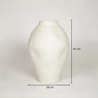 White ceramic decorative floor vase showing 28 cm width and 45 cm height ideal for living room floor decor display.