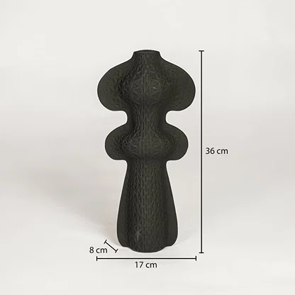 Dimension image of dark charcoal black textured totem ceramic vase with organic curves showing 36 cm height and 17 cm width.