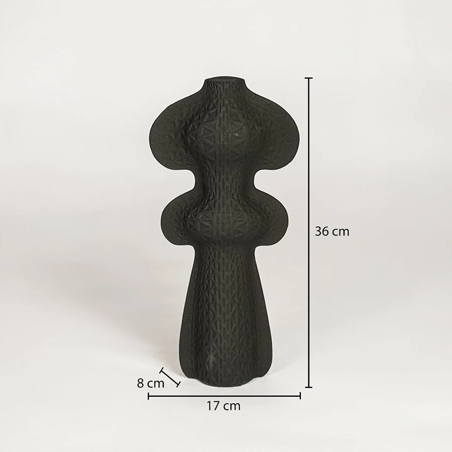 Dimension image of dark charcoal black textured totem ceramic vase with organic curves showing 36 cm height and 17 cm width.