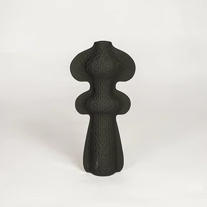 Black ceramic decorative vase with sculptural organic silhouette for modern tabletop styling and artistic home decor.