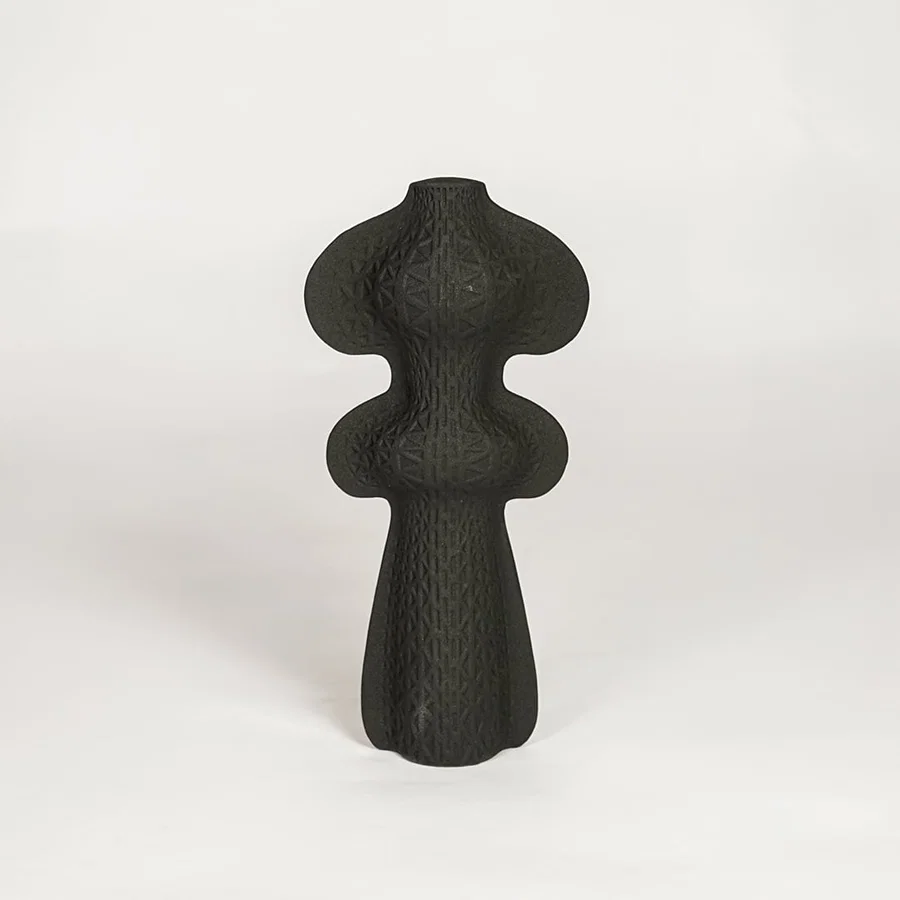 Black ceramic decorative vase with sculptural organic silhouette for modern tabletop styling and artistic home decor.
