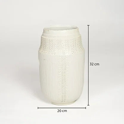 White ceramic textured vase measuring 32 cm height and 20 cm width ideal for elegant tabletop or floor decor placement.