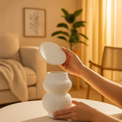 Modern white ceramic vase with artistic textured surface styled for elegant home decoration.