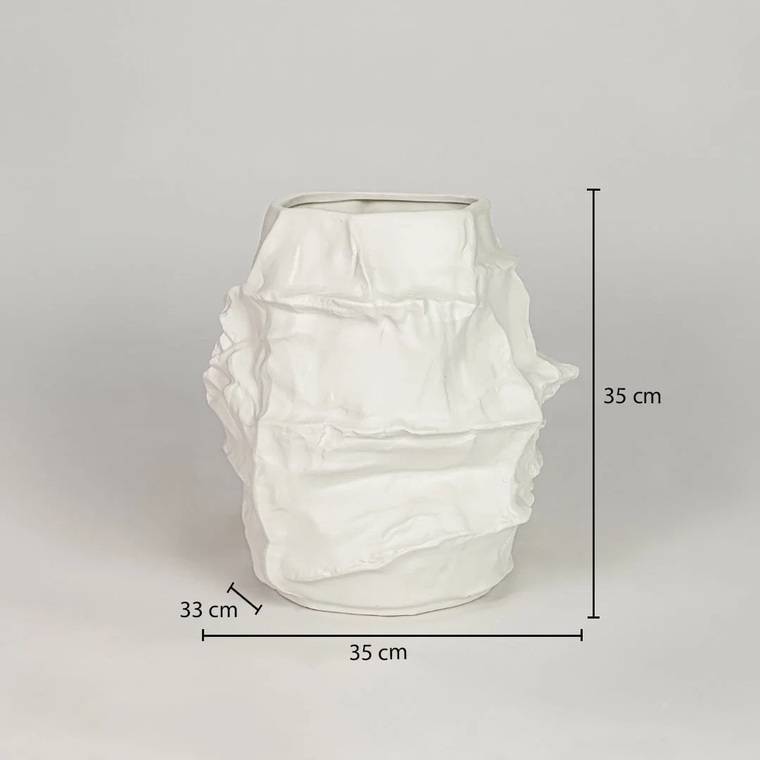 White ceramic decorative flower vase size 35 cm height 35 cm width 33 cm depth textured designer vase for table floor console styling.