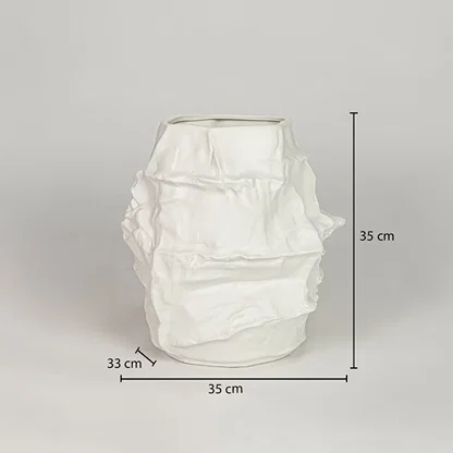 White ceramic decorative flower vase size 35 cm height 35 cm width 33 cm depth textured designer vase for table floor console styling.