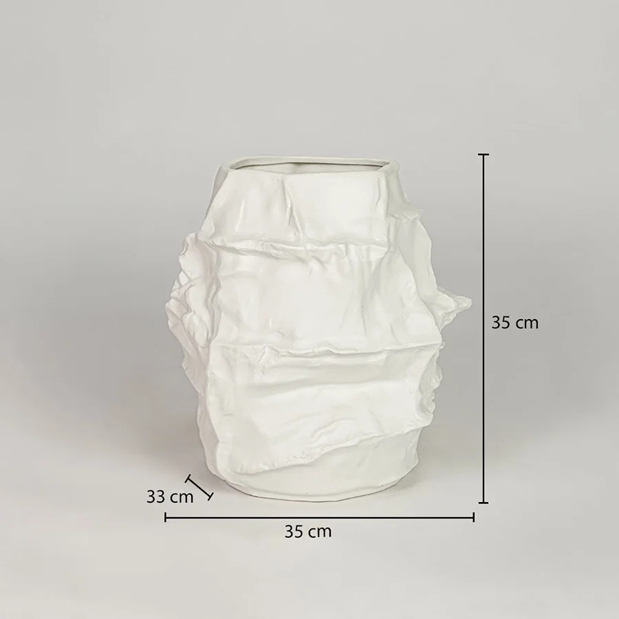 White ceramic decorative flower vase size 35 cm height 35 cm width 33 cm depth textured designer vase for table floor console styling.