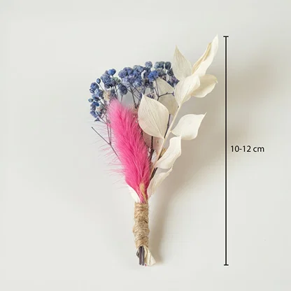 Dried floral bunch with blue blooms cream leaves and pink feather showing height 10 to 12 cm ideal for small vase Decor.