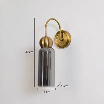 Gold metal wall light with smoked grey glass shade shown with 40 cm height and 11 cm width for accurate dimensions.