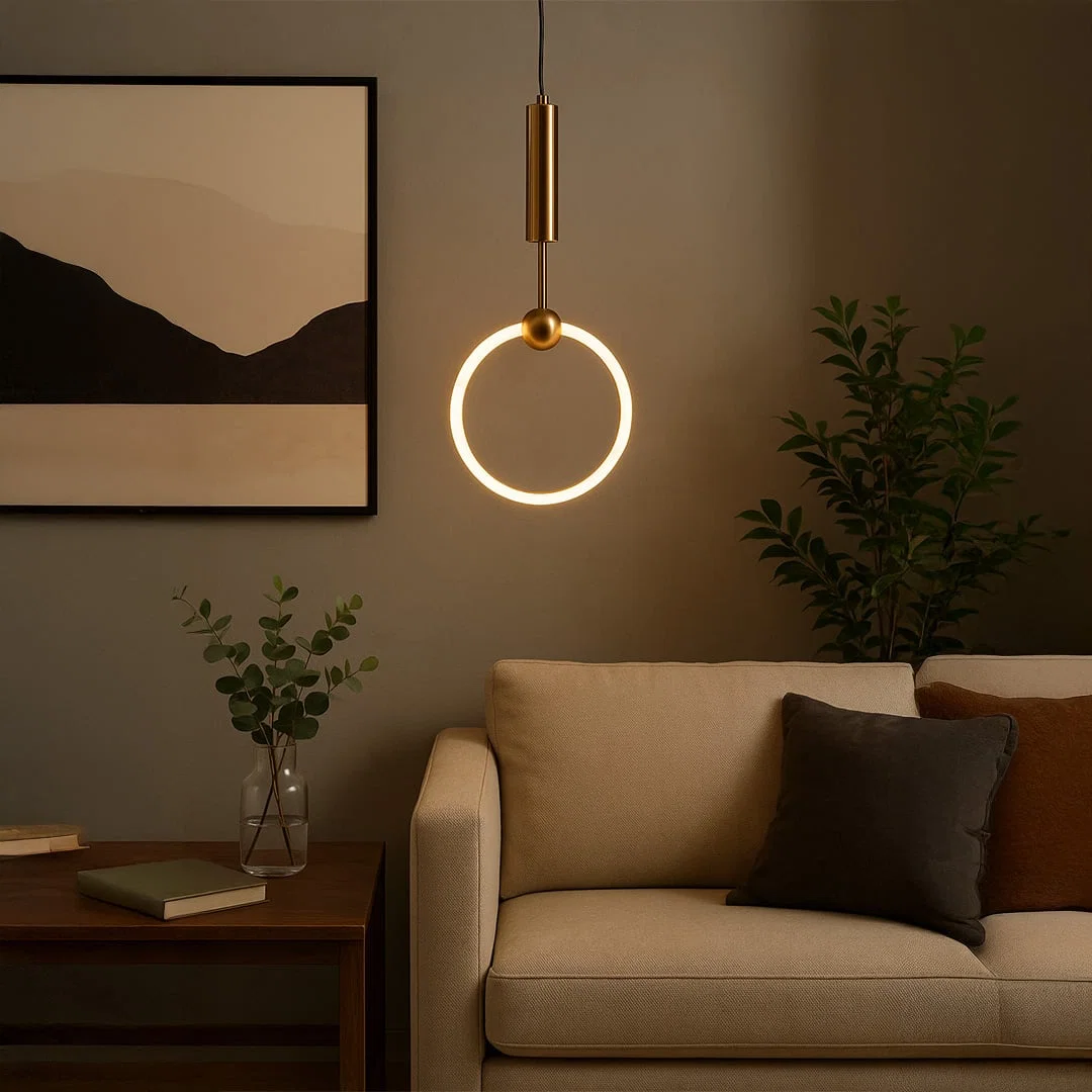 Gold metal ring pendant light creating warm ambient lighting above sofa in a modern living room setting.