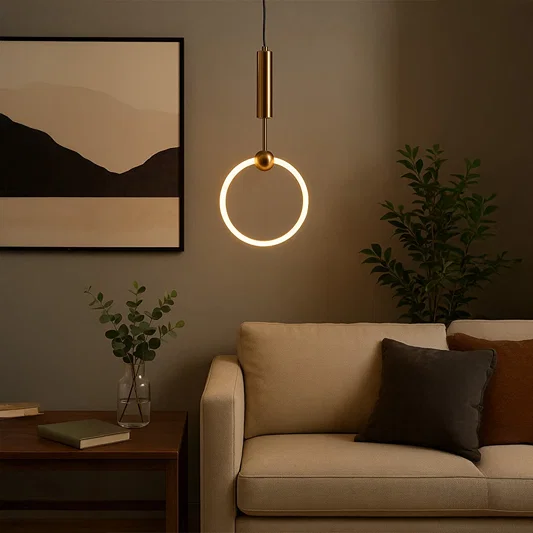 Gold metal ring pendant light creating warm ambient lighting above sofa in a modern living room setting.
