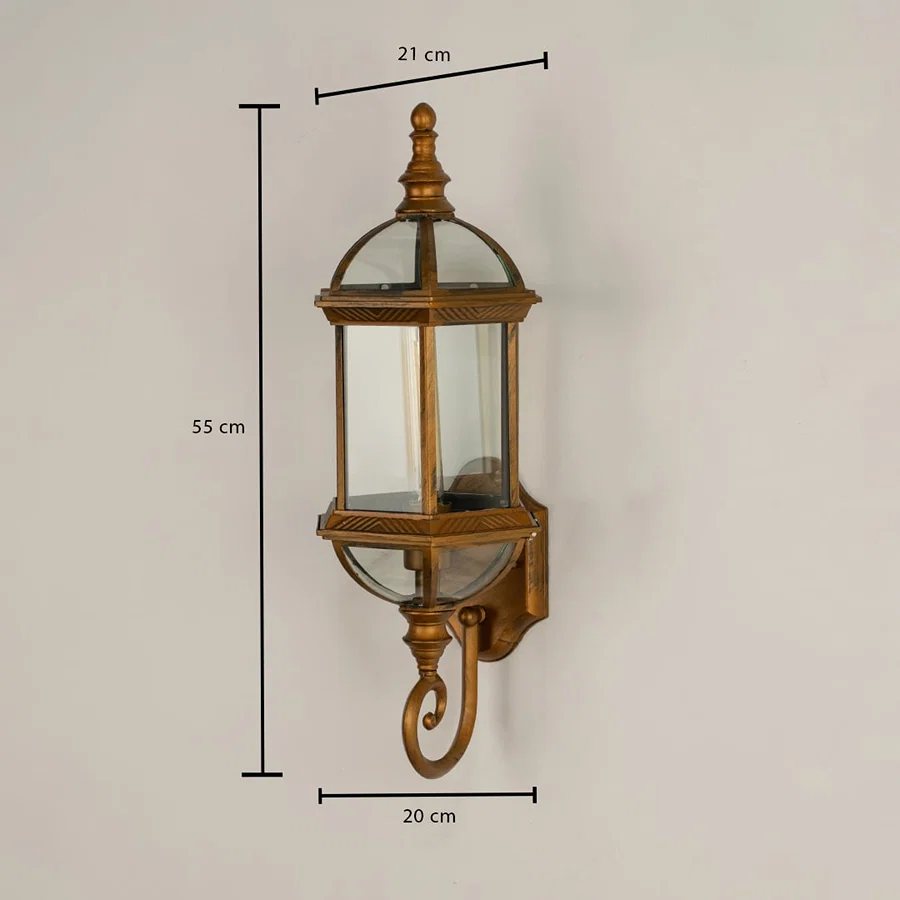 Diagram showing dimensions of the antique bronze wall lantern 55 cm tall and 21 cm wide on a light background.