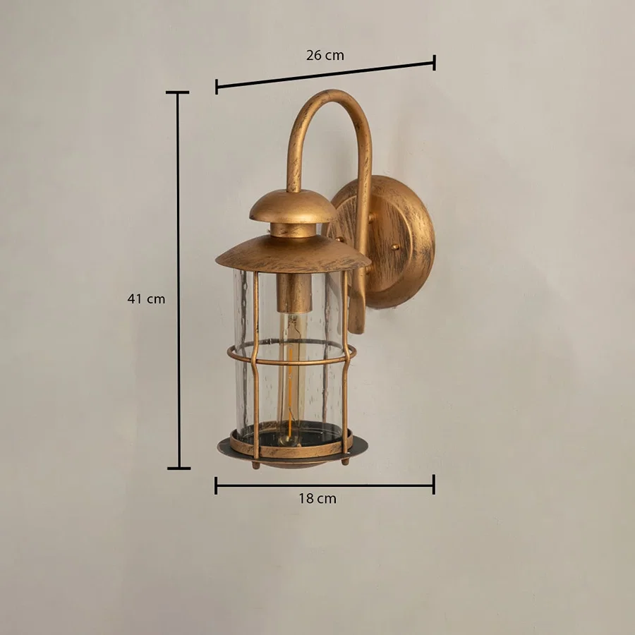 Industrial brass gooseneck outdoor wall light dimension image with 41 cm height and a clear glass cylinder lantern shade.