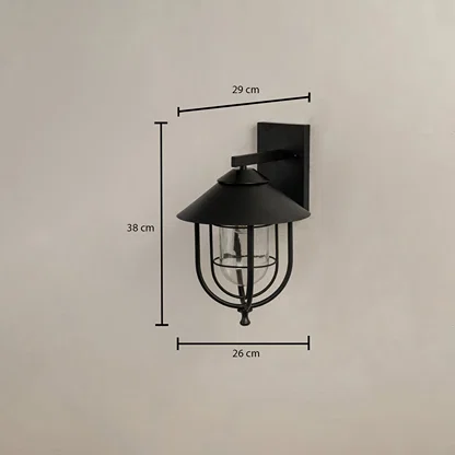 Black wall lantern with size details showing 38 cm height 29 cm width and 26 cm depth against a plain background.