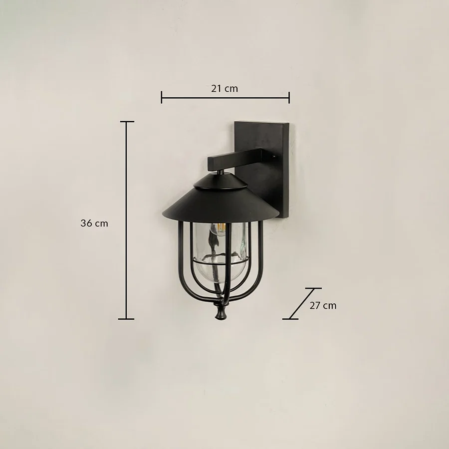 Black wall lantern with size details showing 36 cm height 21 cm width and 27 cm depth against a clean background.