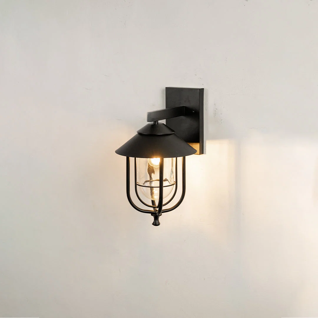 Industrial black metal cage outdoor wall sconce on white background with clear glass shade casting a warm porch glow.