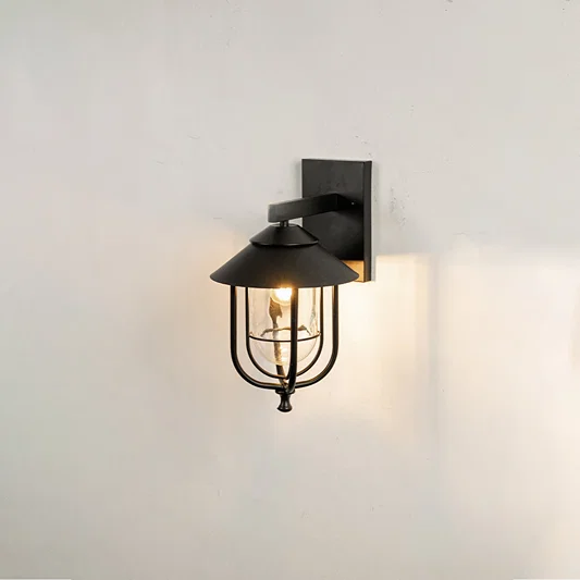Industrial black metal cage outdoor wall sconce on white background with clear glass shade casting a warm porch glow.