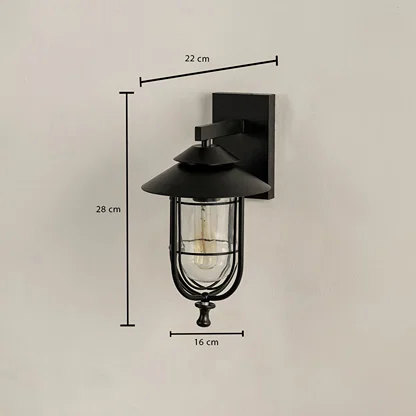 A black outdoor wall light shown clearly with measurements displaying height 28 cm width 16 cm and projection 22 cm providing accurate sizing for installation needs.