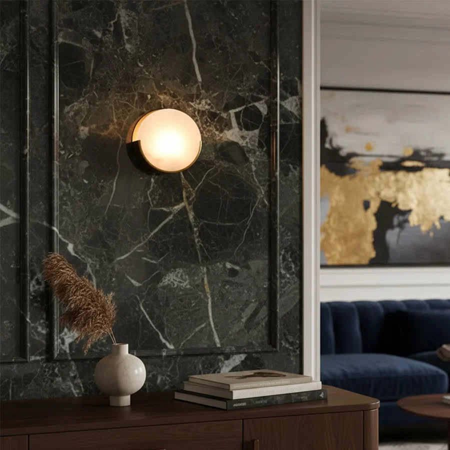 Modern white marble wall light for stylish living room and contemporary home decor styling spaces.