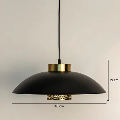 Dimension image of matte black metal pendant light with brass accents showing 19 cm height and 40 cm width.