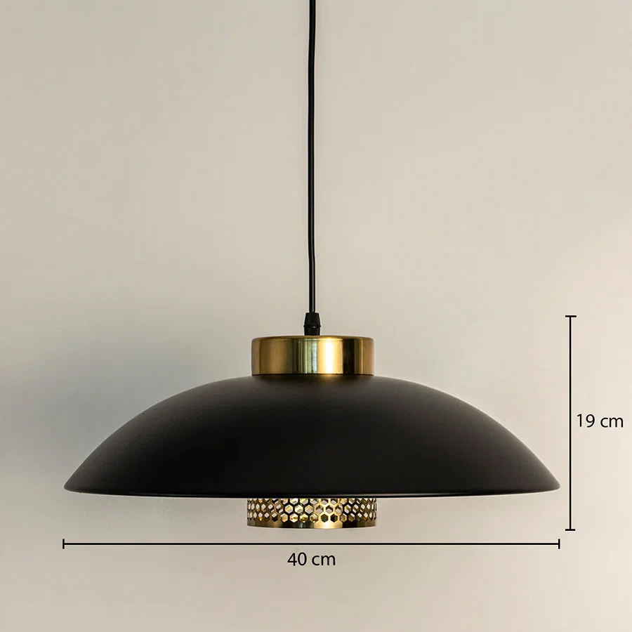 Dimension image of matte black metal pendant light with brass accents showing 19 cm height and 40 cm width.