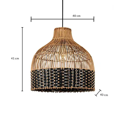 Dimension image of two tone natural brown and black woven rattan cage pendant light showing 41 cm height and 40 cm width.