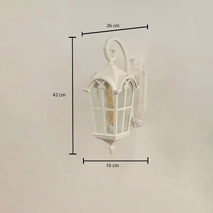 White outdoor wall light with clearly marked dimensions showing 42 cm height 26 cm width and 16 cm depth displayed on a plain background.