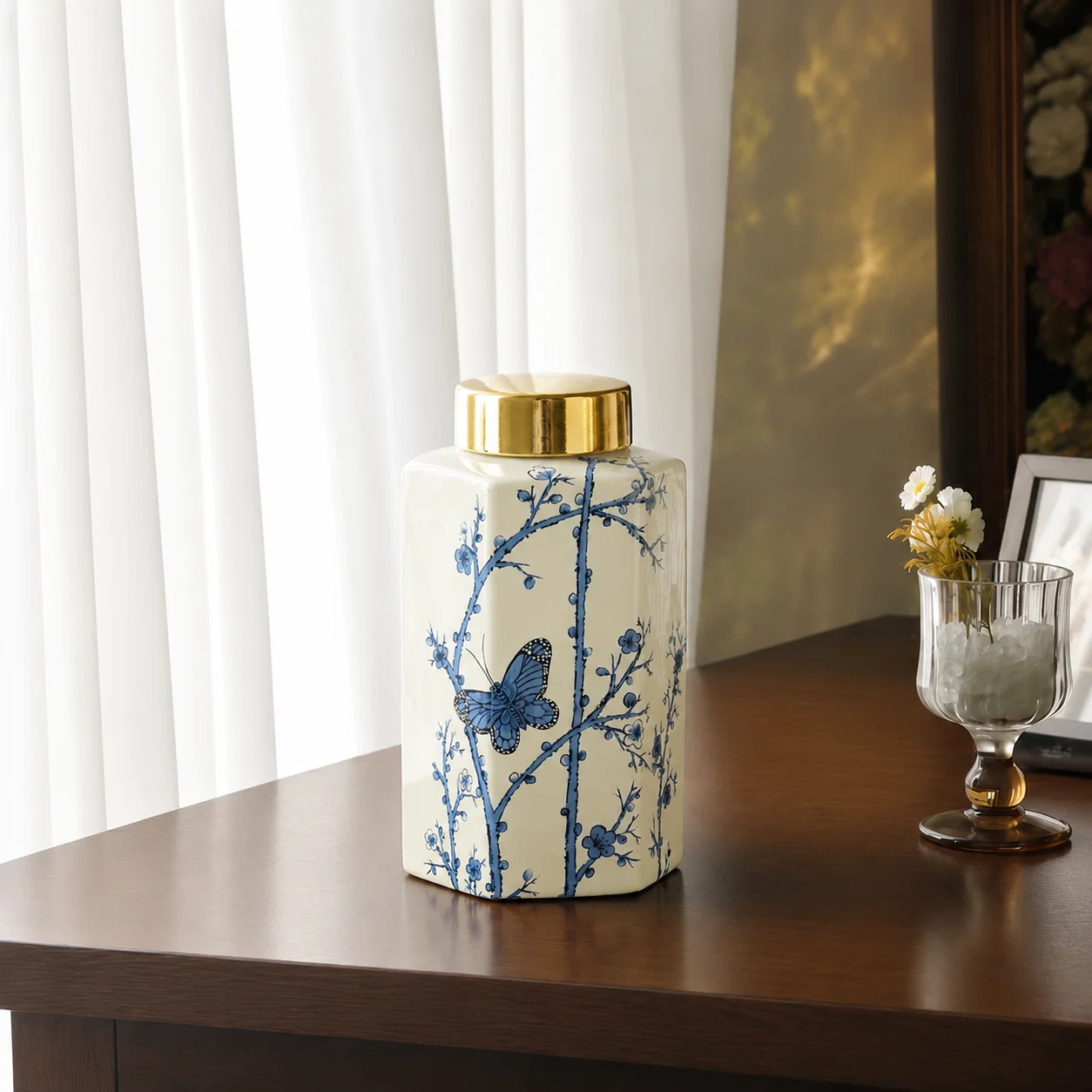 Lifestyle image of small mediterranean style jar for elegant living room decor styling and modern home interior decoration.