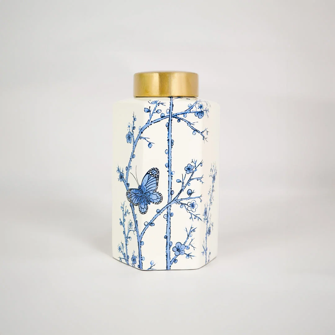 White background image of small mediterranean style jar for elegant home decor styling with classic design.