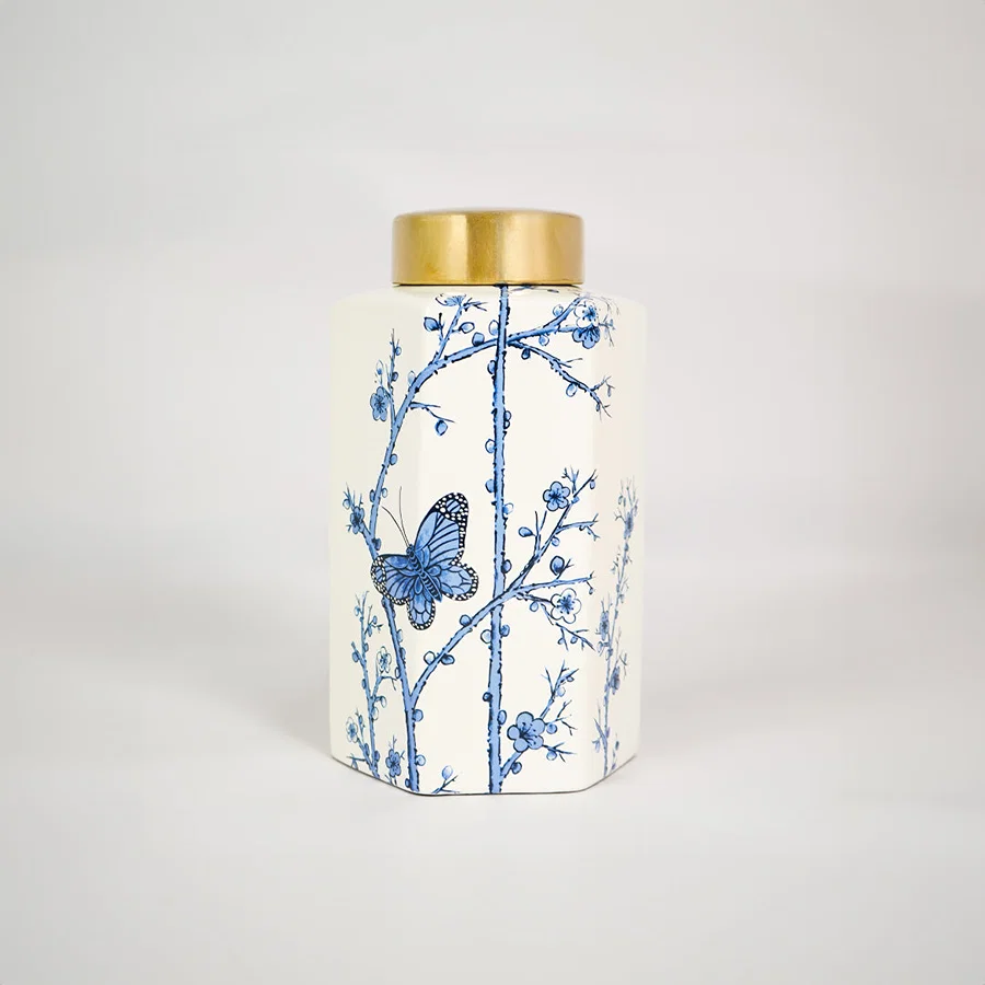 White background image of small mediterranean style jar for elegant home decor styling with classic design.