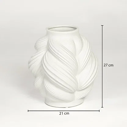 White ceramic sculpted vase measuring 27 cm height and 21 cm width ideal for elegant tabletop decor placement.