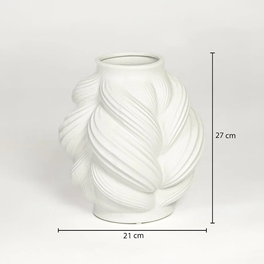 White ceramic sculpted vase measuring 27 cm height and 21 cm width ideal for elegant tabletop decor placement.