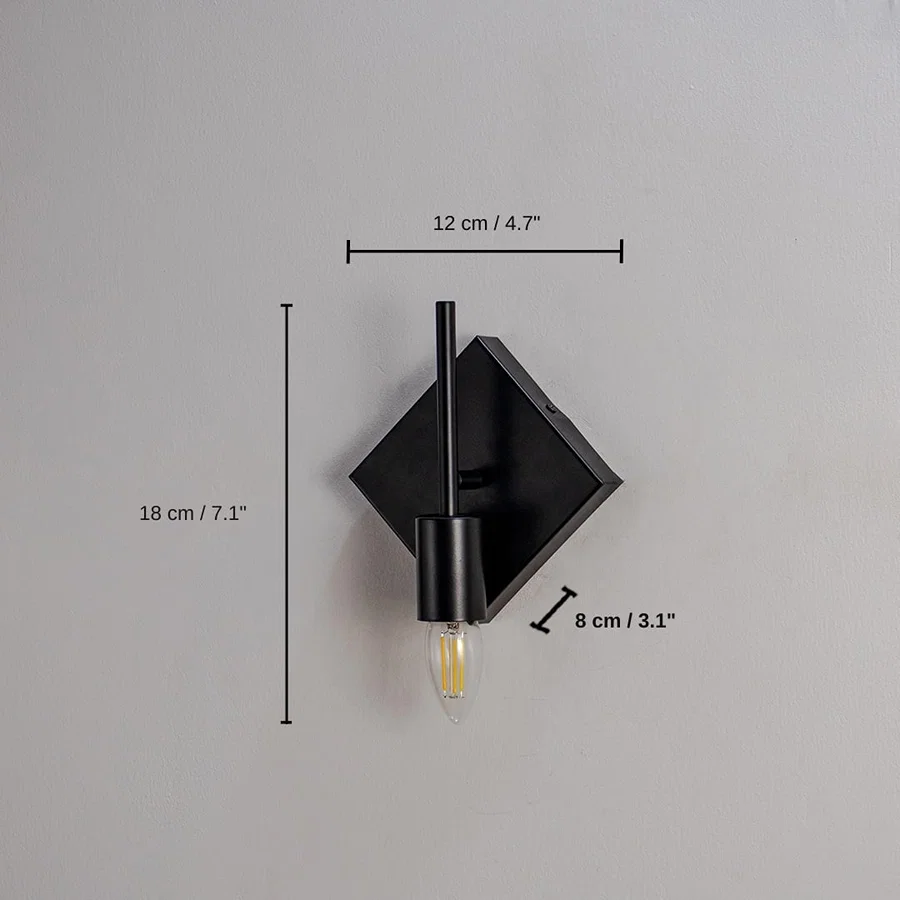 Black wall light with gold bulb holder and circular frame, 18 x 12 x 8 cm (7.1 x 4.7 x 3.1 inches) dimensions