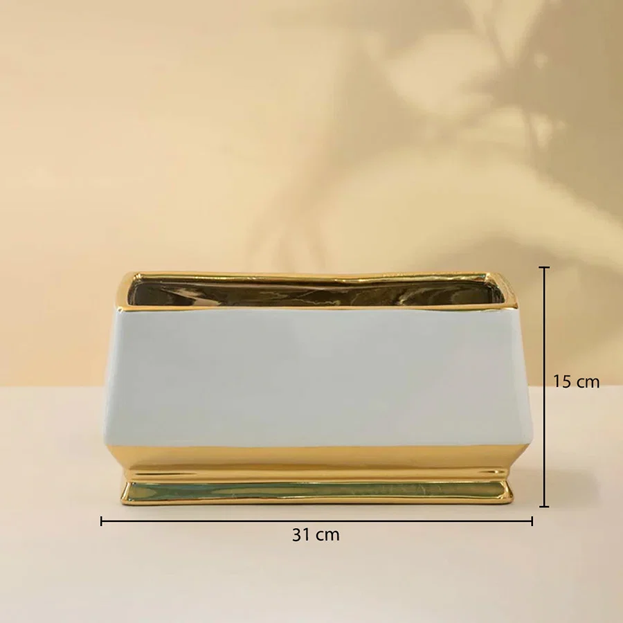 White marble decorative tray with gold frame showing product dimensions for modern tabletop styling and home decor.