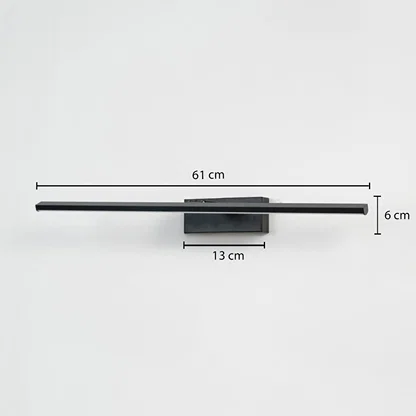 Modern black LED wall light measuring 61 cm wide with slim rectangular profile designed for bathrooms or vanity spaces.