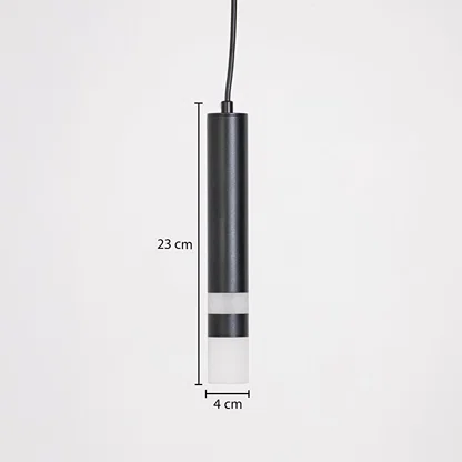 Black metal pendant light dimension image with 4 cm width and 23 cm height for contemporary bedside placement.