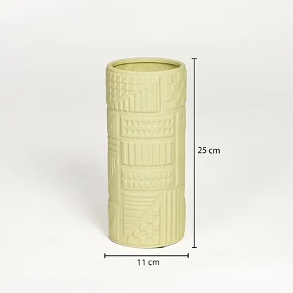 Yellow ceramic textured cylindrical vase measuring 25 cm height and 11 cm width perfect for modern shelf decor styling.