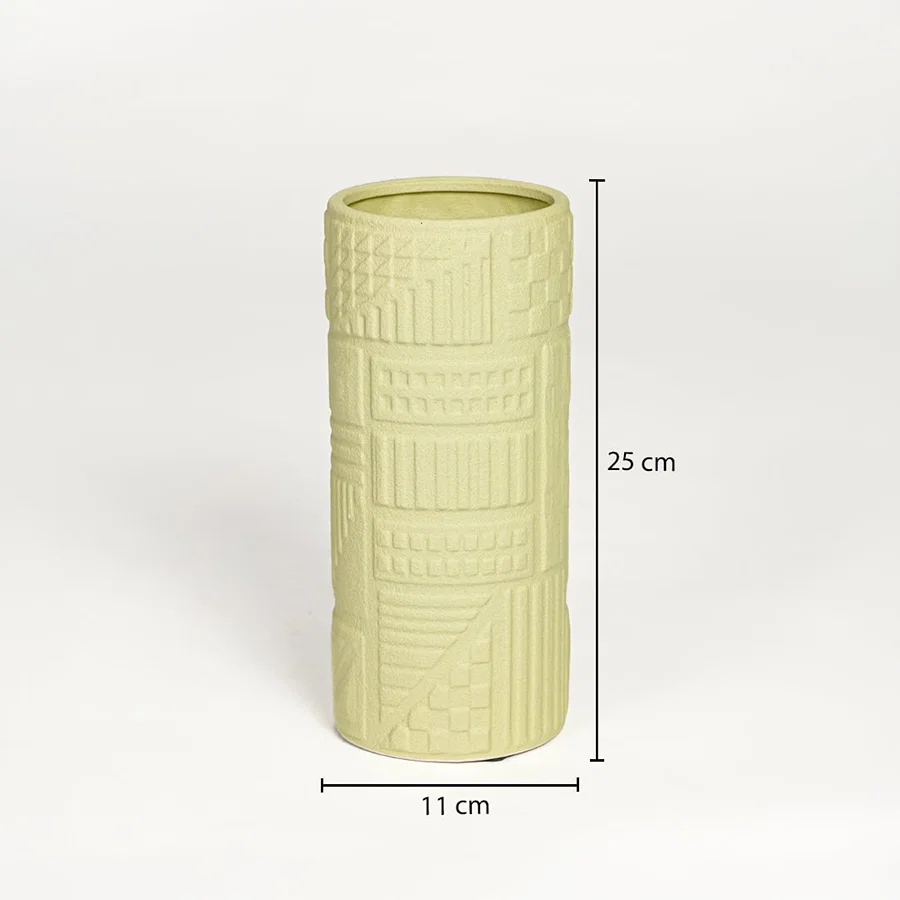 Yellow ceramic textured cylindrical vase measuring 25 cm height and 11 cm width perfect for modern shelf decor styling.