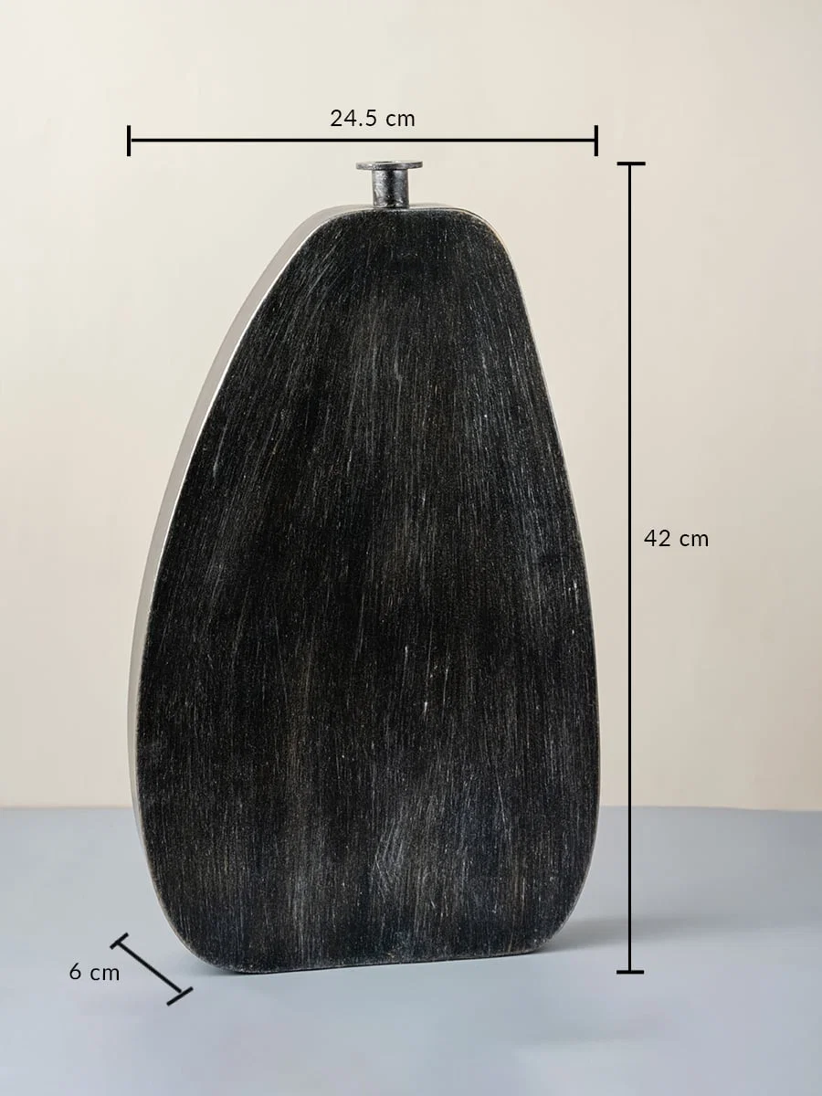 Black wooden vase with textured finish 42 cm height 24.5 cm width and 6 cm depth ideal for home decoration.