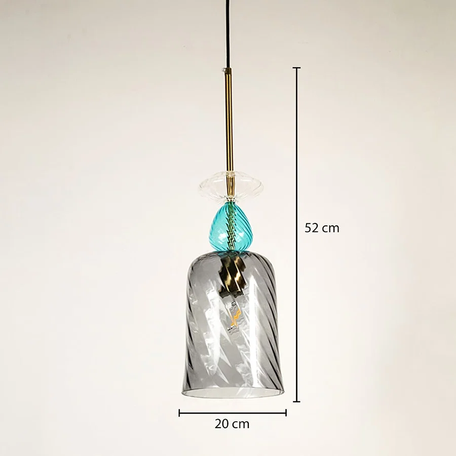 Blue and smoked glass pendant light measuring 20 cm width and 52 cm height crafted for elegant ceiling lighting decor.