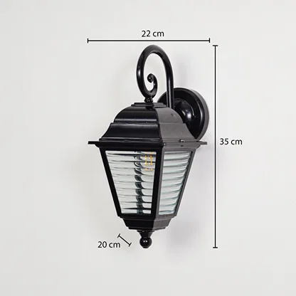 Black metal outdoor wall lantern shown with 35 cm height 22 cm width and 20 cm depth measurements for installation clarity.