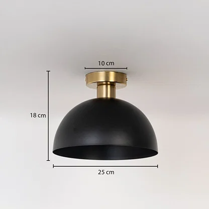 Black ceiling light with gold base and dome shade shown with dimensions 25cm width and 18cm height for modern ceiling decor.